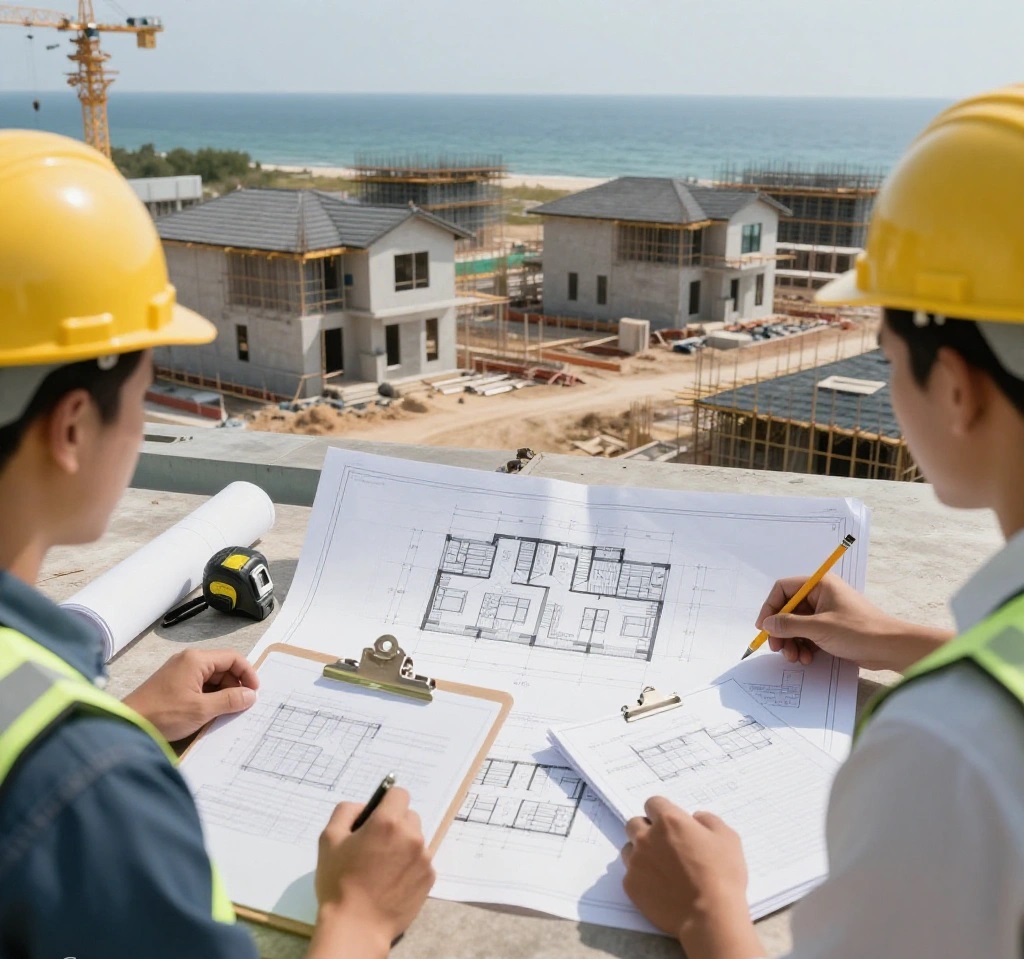 Construction team reviewing technical plans